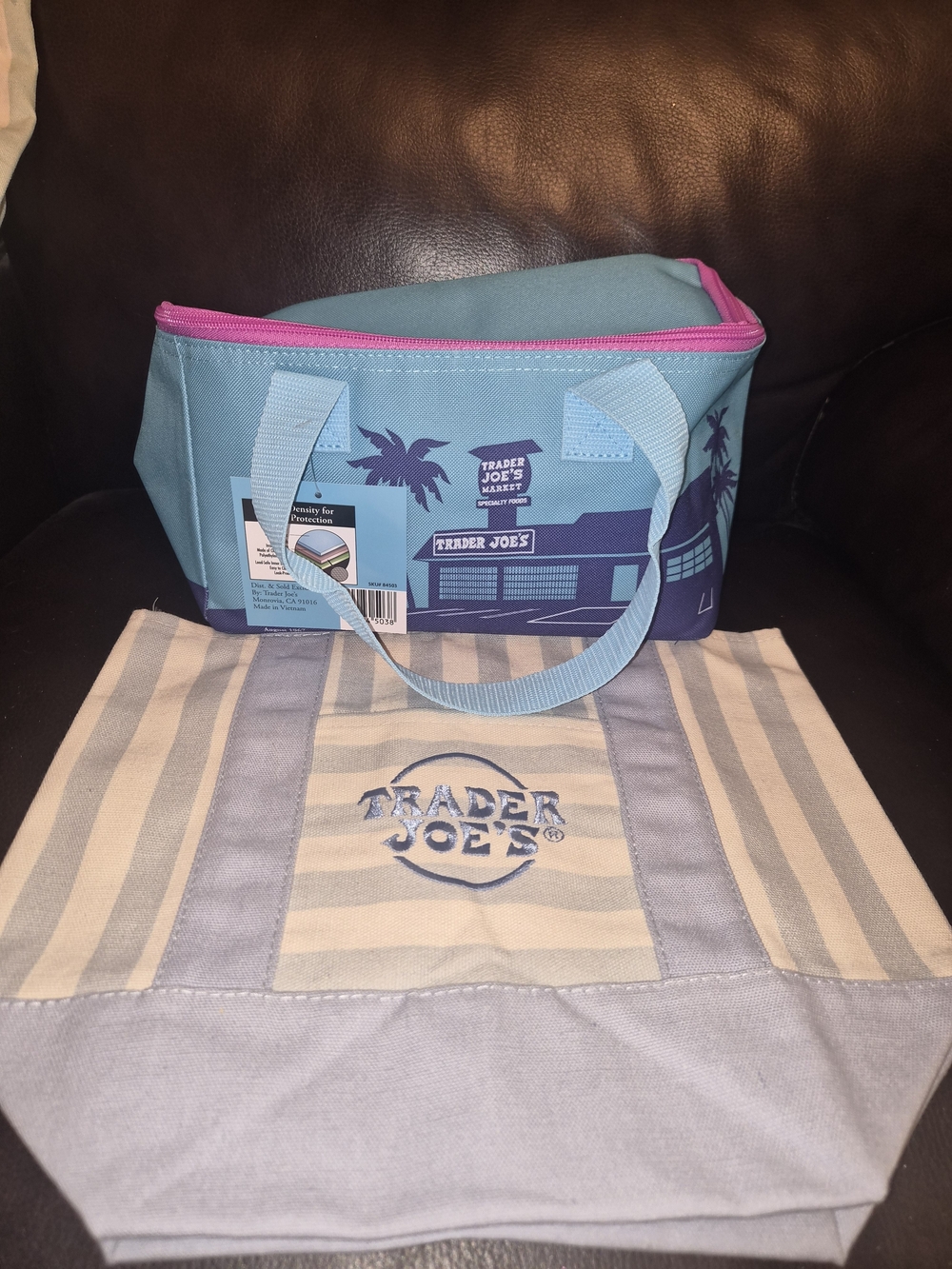 Trader Joe's  Blue Insulated Lunch Bag AND Blue Striped Tote Bag Set